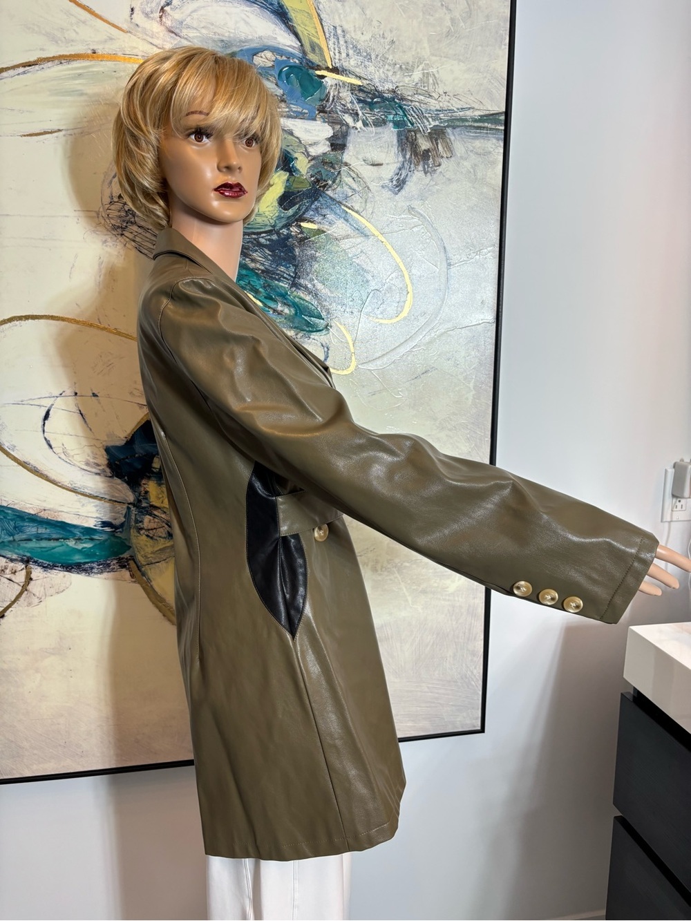 Olive Green Faux Leather Belted Trench Blazer - Picture 8 of 16